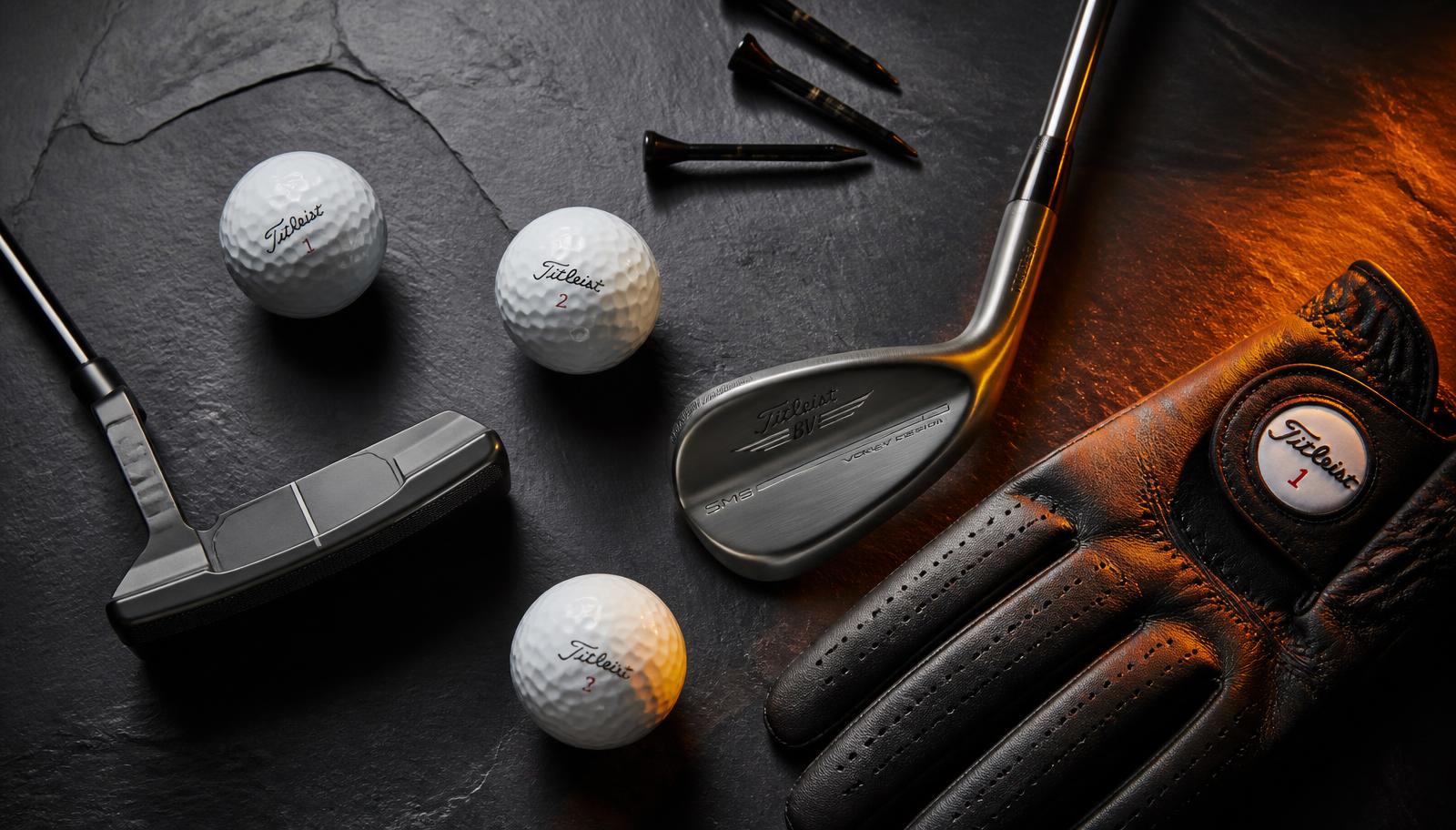 Putter, wedge, golf balls, tees and glove on dark slate