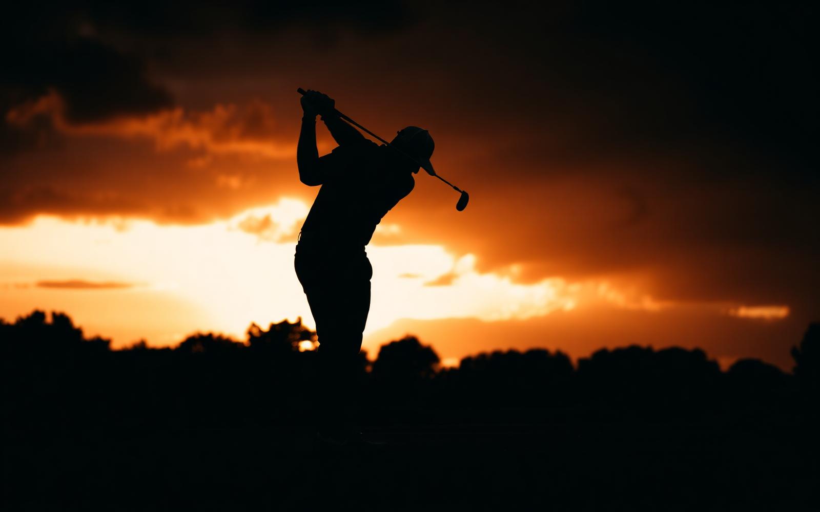 Golfer finishing a drive against an orange sunset