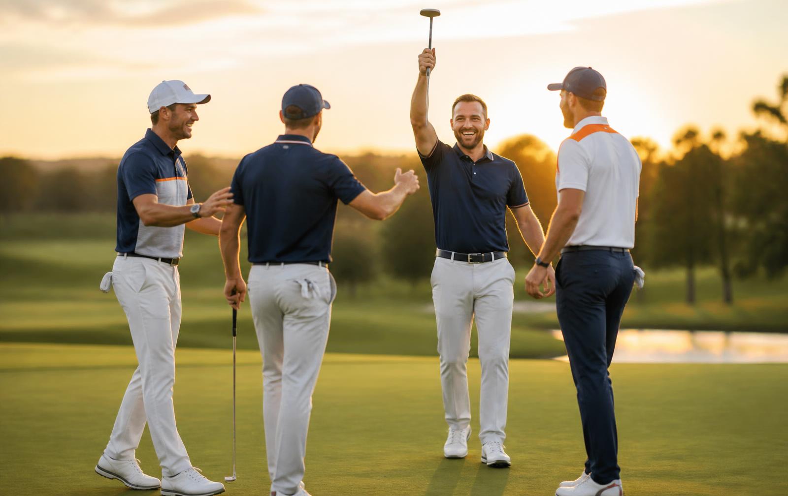 Four golfers celebrating on the green